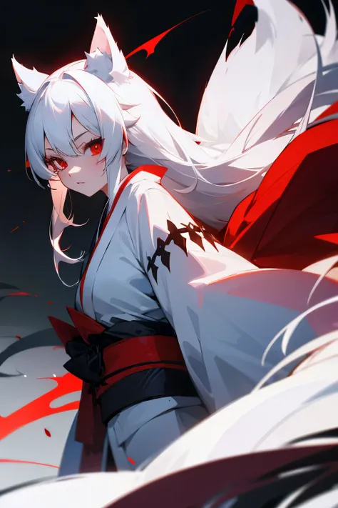 Demon wolf, white fur, girl, red eyes, in kimono