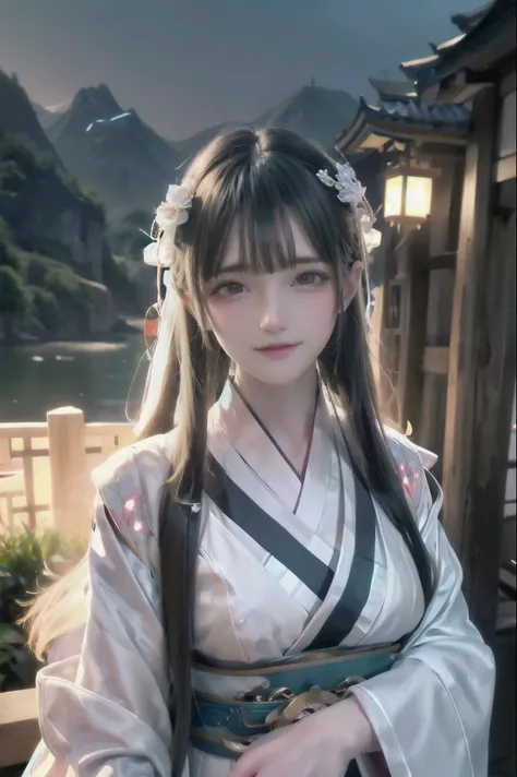 best quality, masterpiece, highres,, 1girl, Detailed face, (Upper body:1.6), Cyber cities, mountains and rivers, night, firefly lights, Realistic, rich in detail, (White hanfu:1.2), (beautiful body:1.4),