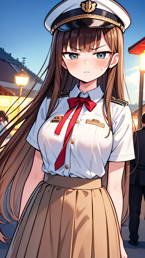 {Highest quality], [Super beautiful], [Ultra fine], [Best illustration], NSFW,Brown Hair, Hime cut, Long Hair, With bangs, girl, Uniform cap,Security uniform,Woman with an angry face,blush, Slender women,Short sleeve,Long straight skirt, Adult women,(Publi...