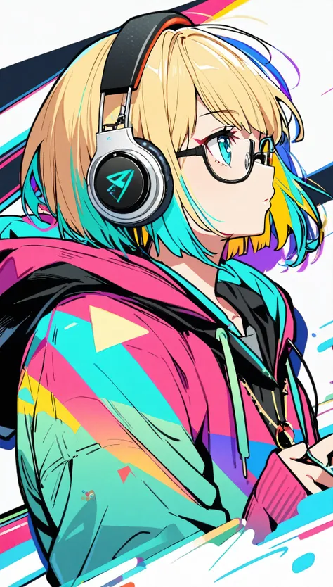 1girl, boyish, facial profile, wearing glasses, aqua eyes, blond hair, short hair, colorful inner hair, headphone, hoodie