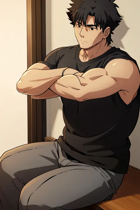 Kiritsugu is sitting and flexing his buff biceps and thighs. He wears black short boxershorts. You can see his thighs completely. He is wearing a black tshirt with short sleeves. His sleeve is rolled up completely, so you can see his entire arm and shoulde...