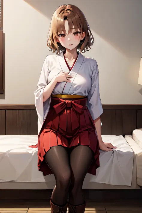 masterpiece, Highest quality, High resolution, One girl, alone, short hair, Brown Hair, Brown eyes, chest, Bedroom、((Graduation Hakama))、((pantyhose))、(boots)、