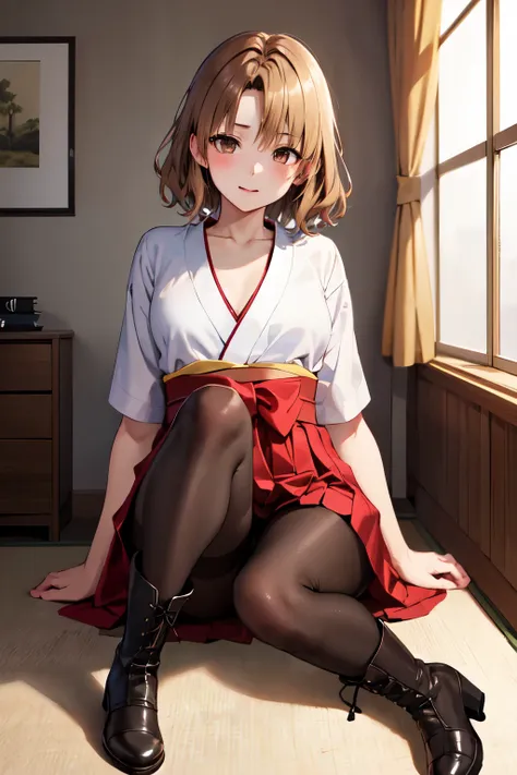 masterpiece, Highest quality, High resolution, One girl, alone, short hair, Brown Hair, Brown eyes, chest, Bedroom、((Graduation Hakama))、((pantyhose))、(boots)、