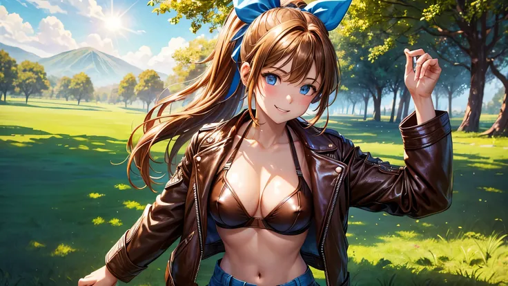 1girl, solo, summer, village, trees, sun, clouds, ((colorful hair)), ponytail, large full breasts, ((brown leather jacket)), brown leather shorts, ((blue bra)), nipples, blue eyes, skirt, smile, looking at the viewer, standing, hair ribbon, golden necklate