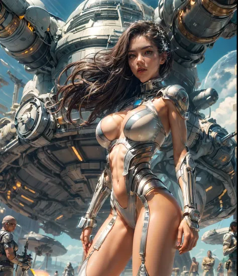 (((Camera angle of her butt, crowd of space aliens))), ((wearing ultra thin translucent bikini with gorgeous muscular long legs)), ((deep brown beige white silver black Samurai aesthetics)), prismatic, reflective, ((ultra perfect flowing hairstyle)), (((hu...