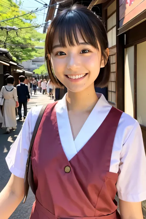 Please generate a video of a 24-year-old Japanese woman working at a travel agency showing people around Kyoto.。A kind smile、Short Hair、Beautiful Skin、The season is early summer、Short-sleeved uniform、Kamigyo Ward, Kyoto。