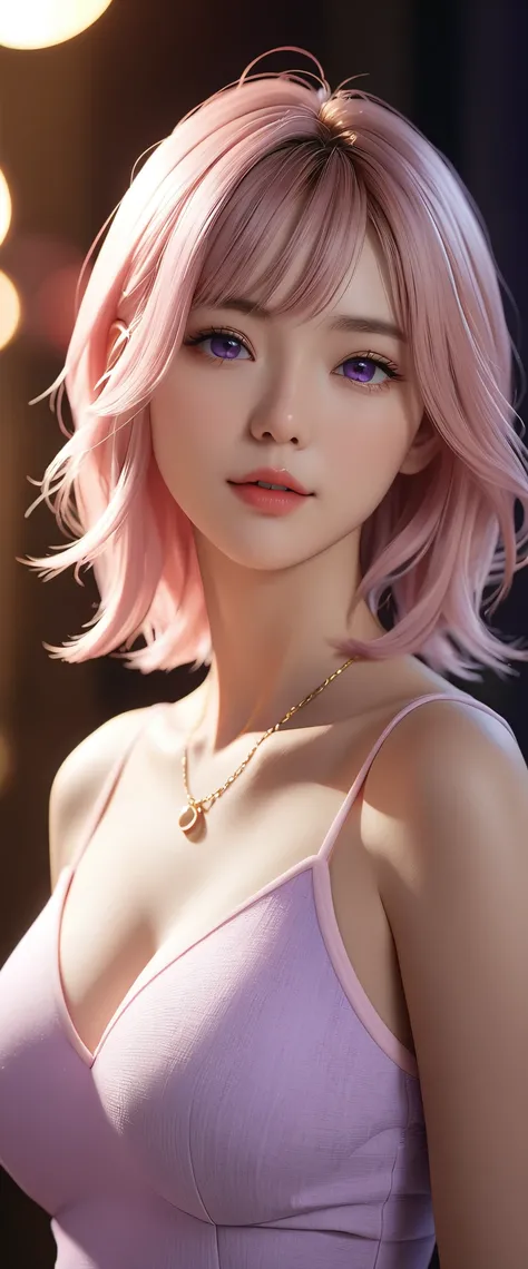 best quality, masterpiece, High resolution, portrait, actual, Purple Eyes, light pink hair, Large Breasts, 8K resolution, high qualityCG, Beautiful CG, Soft Light, fashion brand image, 時尚sex感, The Tyndall effect, lifelike, studio, Side lighting, (HD Skin:1...