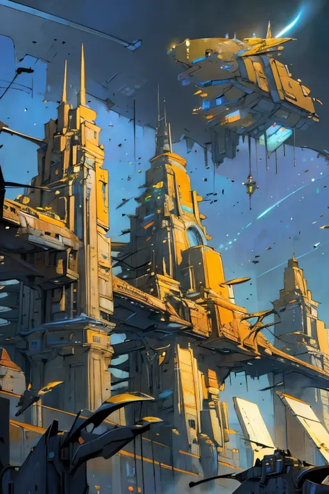 the futuristic city features sparkling lines, towering skyscrapers, a central square with a swarm of drones performing aerial sh...