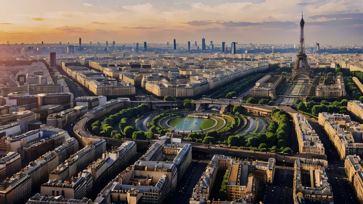 a photorealistic picture of a Paris skyline at sunset with a huge Saturn planet in the sky
