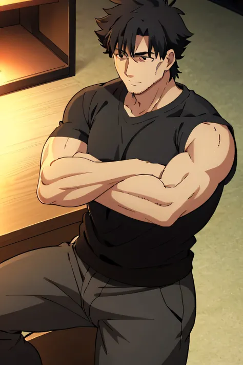 Kiritsugu is sitting and flexing his buff biceps and thighs. He wears black short boxershorts. You can see his thighs completely. He is wearing a black tshirt with short sleeves. His sleeve is rolled up completely, so you can see his entire arm and shoulde...