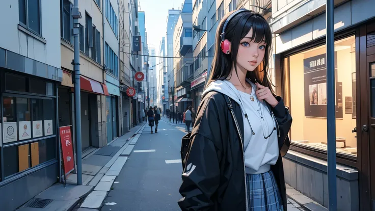 Ultra HD、super high quality、masterpiece、detailed、8K、The location is on a quiet city street、Schoolgirl１Person listening to music on headphones、15-year-old high school girl、そのロシア人で髪の毛は黒色のロング、Has blue eyes、Has a glamorous figure、The clothes she&#39;s wearing ...