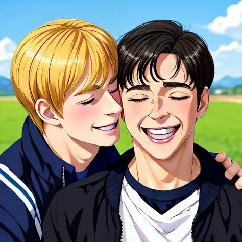 2 boy,kiss,(close eyes:1.2),(be happy:1.4),shoulder to shoulder, young years old,happy blonde and black hair,black eyes,jacket,shirt,blush,(happy smile),blue sky background,upper body,Masterpiece,Top Quality,High quality,Ultra detailed,insanely detailed,be...