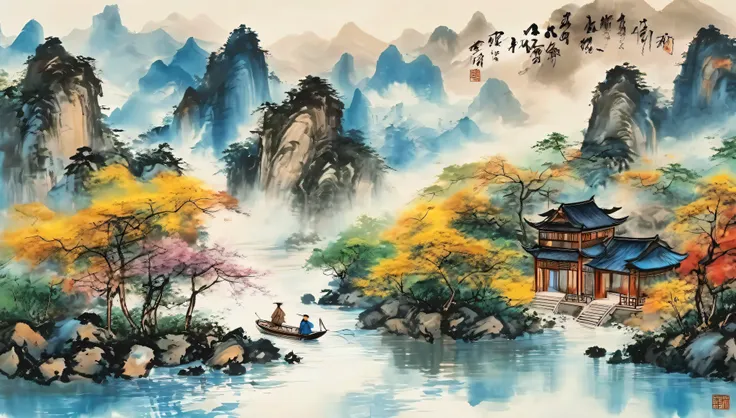 Highest quality,8K,Ultra Clear,Kimman.and,  river，There is a boat in the water，There is an island on top of the mountain, Ink Painting, Chinese style, 