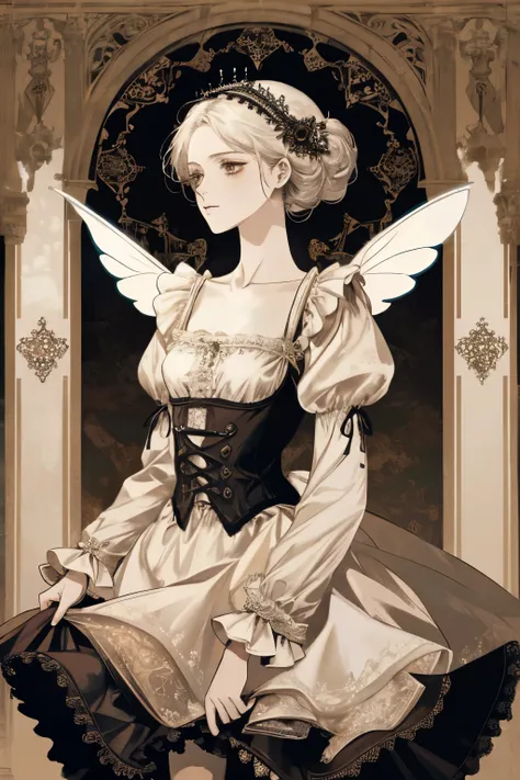  ((best quality)), ((masterpiece)), (detailed), a heavenly female knight, imposing, biblical, NSFW, long white grey hair, grey white eyes, very skinny, detailed, best quality, prominent collarbones, skinny arms, flat stomach, visible hip bones, small breas...