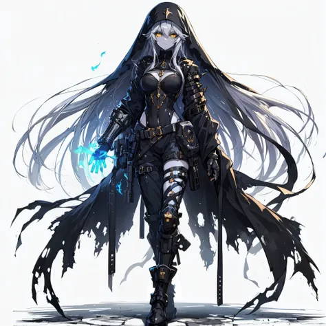 (masterpiece, best quality), (detailed hair), ultra-detailed, anime style, solo, full body, cyberpunk dark elf nun, long ash hai...