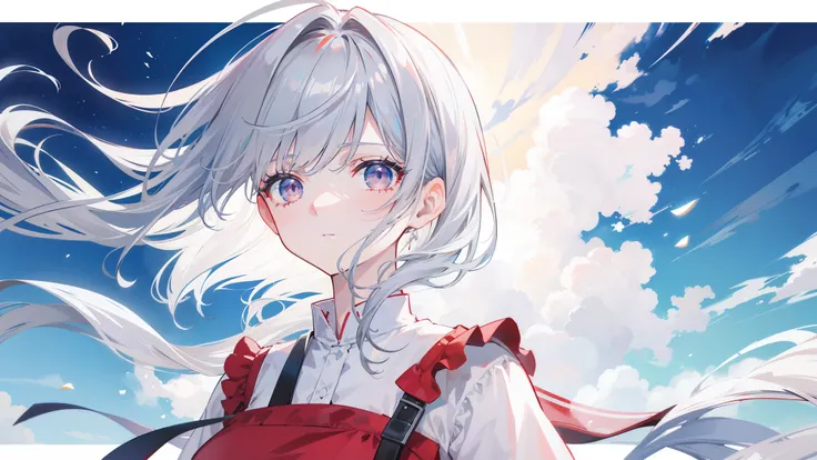 4K, Highest quality, Female student, Gray Hair, Medium length hair, Red colored eyes, Sky blue shirt, White Dress,Anime Big ,Don'Don't show your hands
