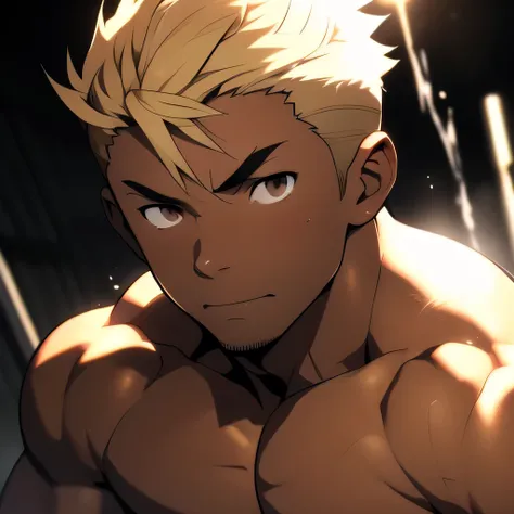 anime adult black man, bleached blonde hair, dark brown eyes, dark skin, muscular build, very physically strong, fighter, toples...