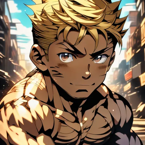 anime adult black man, bleached blonde hair, dark brown eyes, dark skin, muscular build, very physically strong, fighter, toples...