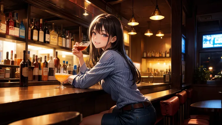 a woman drinking alone at a bar、looking at me and smiling、