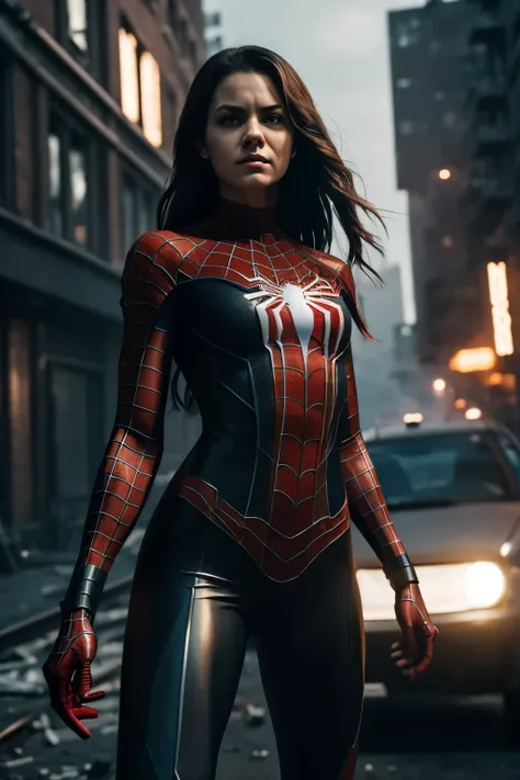 woman_with_black_spiderman_suit, {spider-girl:1} solo, action-packed, hyper-detailed, high-quality, ultra-realistic, dynamic pos...