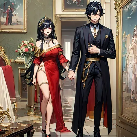 a man with his wife holding hands, mman wearing black suit, black pant hat, black hair, black eyes, muscular, black dress shoes,...