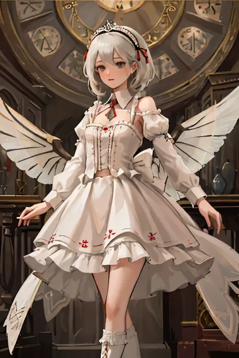 ((best quality)), ((masterpiece)), (detailed), a heavenly female knight, imposing, biblical, NSFW, long white grey hair, grey white eyes, very skinny, detailed, best quality, prominent collarbones, skinny arms, flat stomach, visible hip bones, small breas...