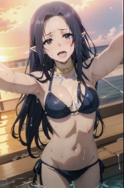 dark blue hair,,long hair,blue eyes,pointy ears,elf,(((bikini))),on the beach,(((blush,embarrasment,sweat,wet,collar,orgasm face,pleasure,,looking away)))
