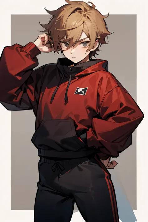 Tord Larsson from Eddsworld anime version, His hair is brown blonde with gray eyes., dark red sports sweatshirt and black sports pants, tomboy.