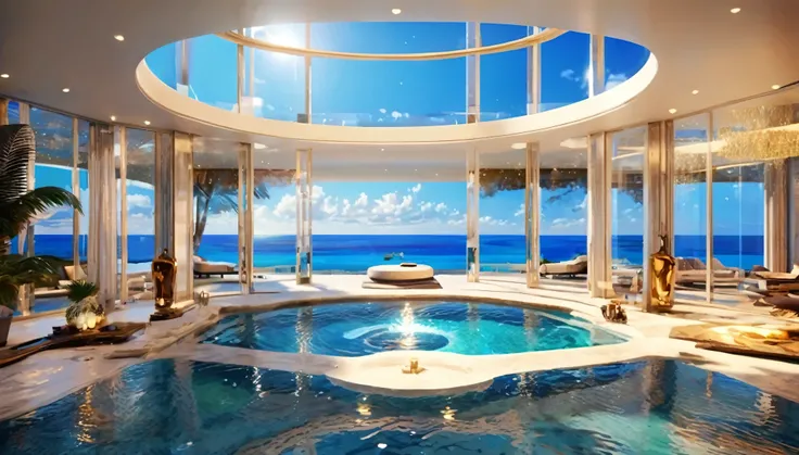 A modern luxury mansion with an infinity pool overlooking the ocean, floor-to-ceiling windows, and a sleek, luxury interior design. Hyper realistic photo, 16k, vibrant colors