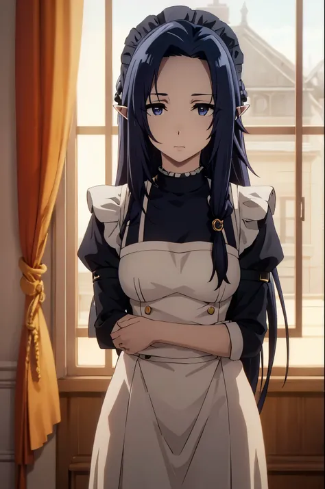 best quality, dark blue hair,,long hair,blue eyes,pointy ears,elf,,masterpiece, highres, solo, (maid:1.40), (long maid dress:1.15), anime_style, 14
