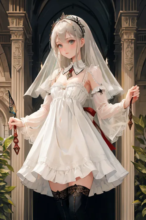  ((best quality)), ((masterpiece)), (detailed), a heavenly female knight, imposing, biblical, NSFW, long white grey hair, grey white eyes, very skinny, detailed, best quality, prominent collarbones, skinny arms, flat stomach, visible hip bones, small breas...