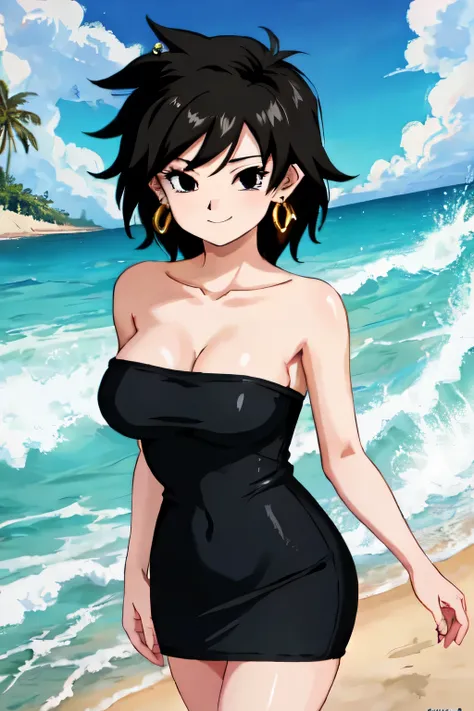 highest quality,masterpiece,ultra high resolution,(actual:1.4), 8K, gine, 1girl, solo, mouth closed, black hair, black eyes, bare shoulders, medium breast, collarbone, cowboy shot, short hair, spiked hair, strapless black tube dress, ocean, beach, big wave...