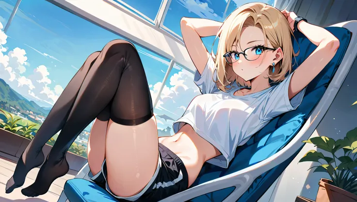 (masterpiece, best quality:1.2), solo, Android 18 from Dragon Ball, ((light gray baggy crop T-shirt, short sleeve, black thin thigh highs, knees up, beautiful butt, gray dolphin shorts)), small breasts, short blonde hair loose, ((blue eyes)), (wearing glas...