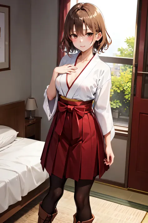 masterpiece, Highest quality, High resolution, One girl, alone, short hair, Brown Hair, Brown eyes, ((chest)), Bedroom、((Graduation Hakama))、((pantyhose))、(boots)、