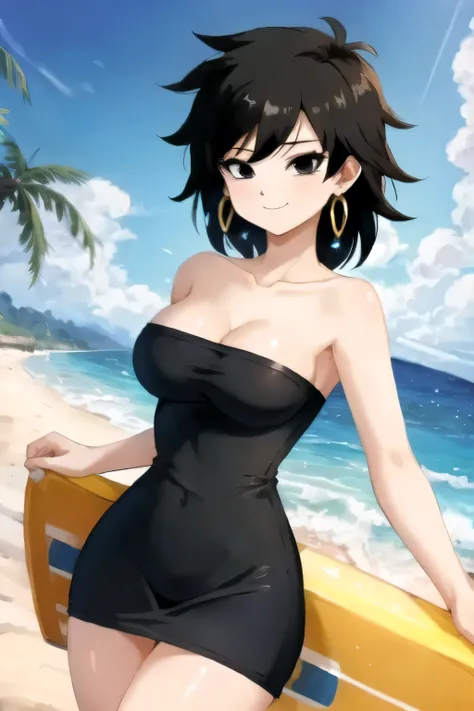 highest quality,masterpiece,ultra high resolution,(actual:1.4), 8K, gine, 1girl, solo, mouth closed, black hair, black eyes, bare shoulders, medium breast, collarbone, cowboy shot, short hair, spiked hair, strapless black tube dress, ocean, beach, big wave...