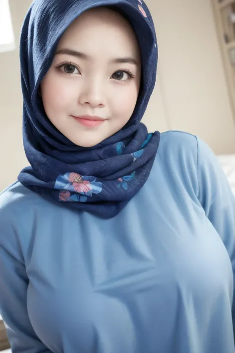 adorable, 1 girl, (face to face), 10 years old, baby face, happy, half body portrait, (face details: 1), (eye details: 1), ((big breasts)). wearing transparent softblue long shirt, hijab, .. Cute posed. proportional body. Ultra High Res. realistic: 1.4, UH...