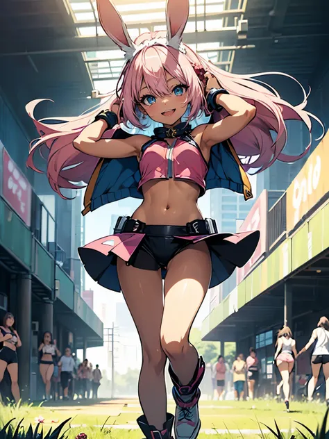 ((Seductive Anime Girl:1.3, solo:1.5))、((teenage girl:1.2))、((fusion of rabbit and girl:1.4))、((Running:1.3, ))、((happy smile:1.3))、energetic、((pink color, leather clothes))、((Being in grassland:1.3)), erect nipples、((open clothes:1.2))、((crop top navel:1....