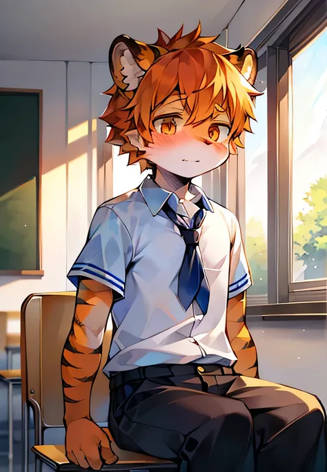 Orange Hair、black strips、Amber eyed tiger，Shota，male，Wear a blue and white school uniform，Being shy in the classroom 