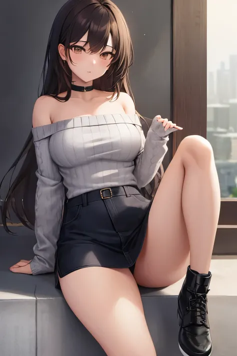 ((Highest quality)), ((masterpiece)), (detailed), One girl, Off-the-shoulder sweater,M-shaped legs，Open up， 