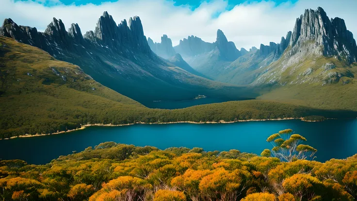 Very detailed animated illustrations, Cradle Mountain Tasmania,
High quality, Dreamy,  , Popular on ArtStation, Ultra HD, (((by Quentin de Warren))):1.8, atmosphere, brightness