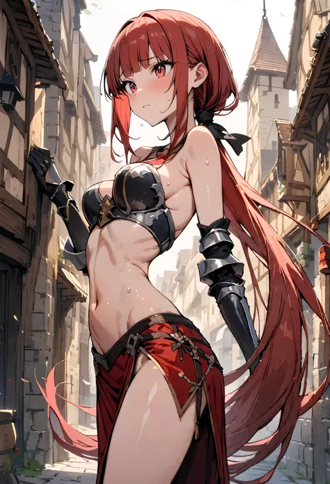 ((masterpiece,Highest quality:1.3)),cowboy shot,1woman,30 year old beauty,female knight、solo,((very small head:1.3)),red hair,long hair,low ponytail,blunt bangs,red eyes,gorgeous eyes,shy,medium breasts,((very long body:1.3)),((toned body,slender body,skin...