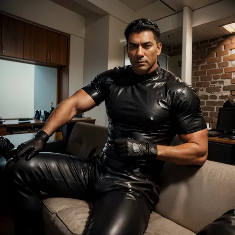 30 years, "police officer", "leather police uniform", tights leather trousers,dark,Dad sit on sofa in the office, K HD,"big muscle" ,black hair, asia face, masculine, strong man, the boss holds the whip, handsome, leather gloves, lecherous dad, look straig...