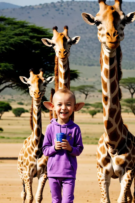   A cute purple alien ( to laugh ) in africa ( Next to the giraffes )