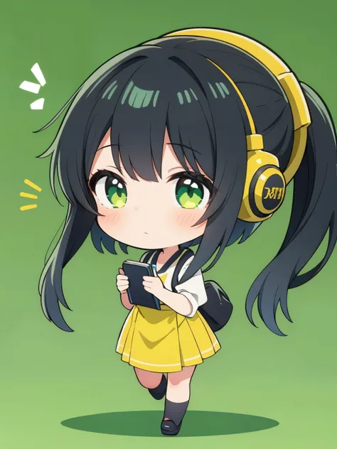 1girl,chibi,Black Hair　Office Lady　20-year-old women　wearing headphones　medium long hair　Cute　Anime Style green background