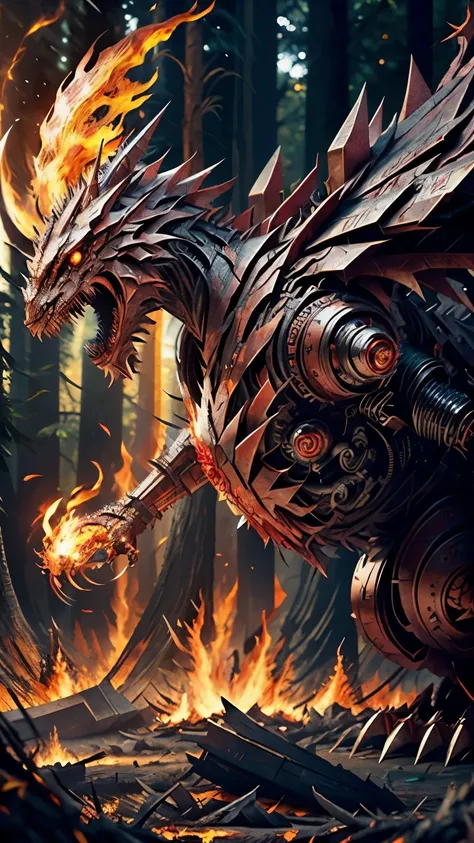 A mechanical dragon, metal with red eyes of flame, with giant, very sharp claws, In the background, a forest with several debris on fire. Ultra-realistic image, detailded.