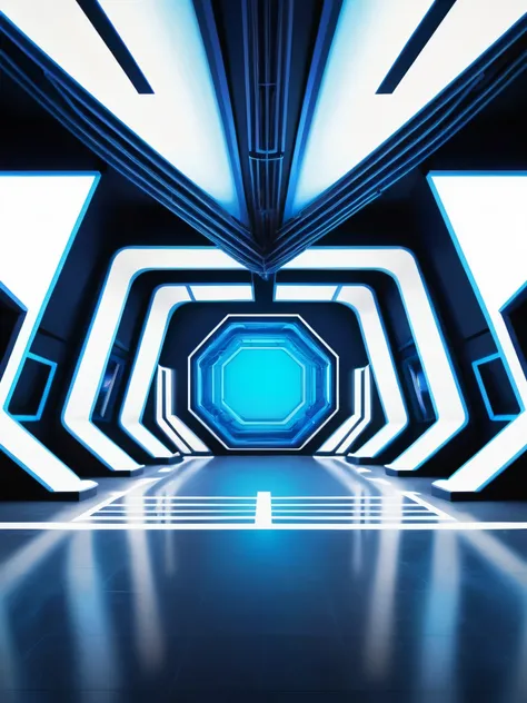 music producer studio, sala vacía con neones bluees, neon futuristic background image, symmetrical image, hell, white wall, negr...