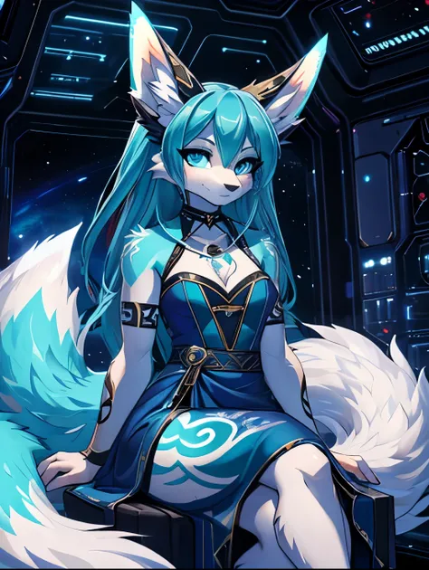 Miku Hatsune, water&blanco add_detail:1 high definition, kitsune ears, golden tattoo, tribal tattoo, mediolateral view sitting legs tight, flirtatious look, deep blue eyes, magical aura, space kitsune, Mystic aura, Mystic aura, long fluffy tail, enhanced e...