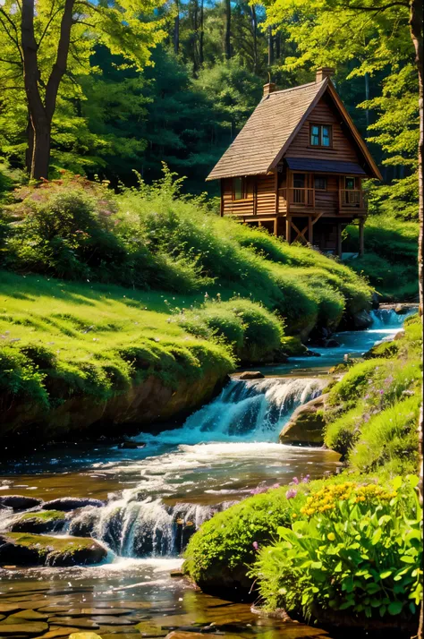 fairy forest, house on the edge, many colors, The sun is shining brightly, a clear stream flows