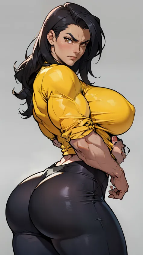 huge breasts huge breasts huge muscles muscular girl toned body bodybuilder grey background leggings tight shirt black hair yellow eyes pale skin long hair wide hips curvy thick thighs thick thick thick thick thick thick thick thick tight sad frown express...