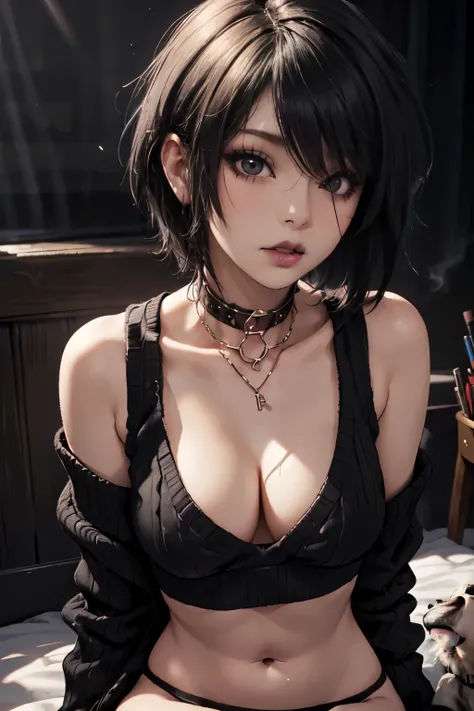 Girl, woman, emo_hairstyle, black lipstick, dog collar, eyeliner, eye shadow, smoky eyes, realistic lighting, short hair, cleavage, midriff sweater, short top, bottomless.